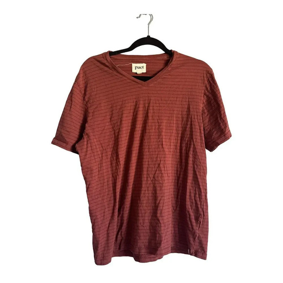 Pact Men's Striped Shirt Brick Red Soft Organic Cotton Size Large V Neck - Picture 1 of 4